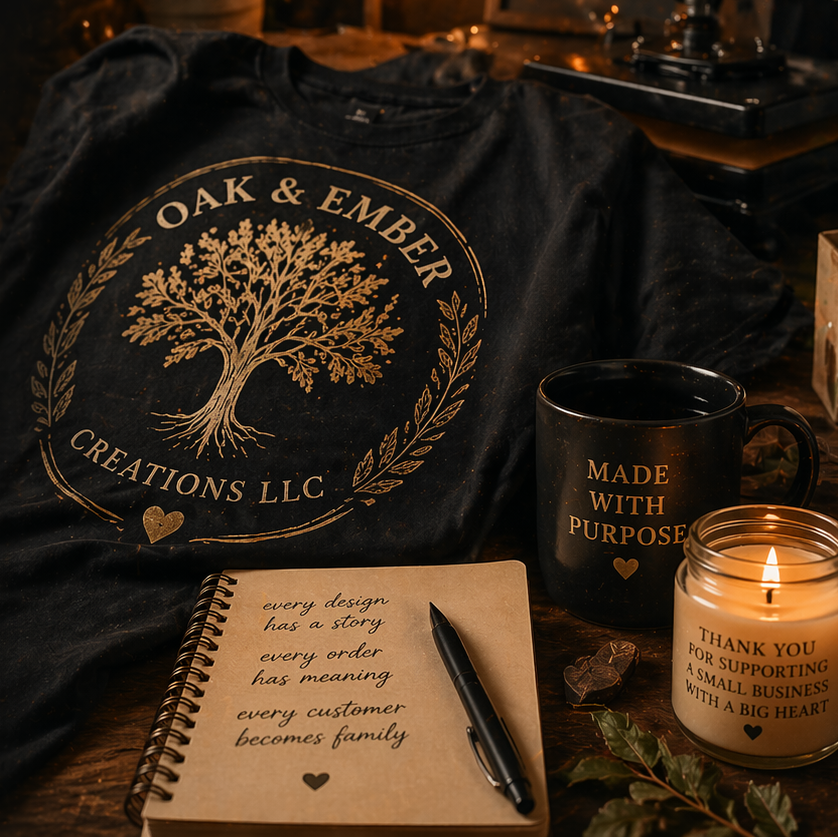 Oak & Ember Creations LLC t-shirt with tree design, mug, notebook, and candle on a wooden surface.